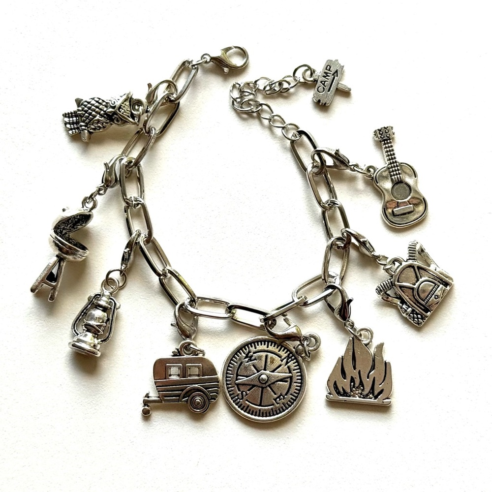 Handmade y2k Style Charm Bracelet / Camping / Wildlife Nature / Silver Colour